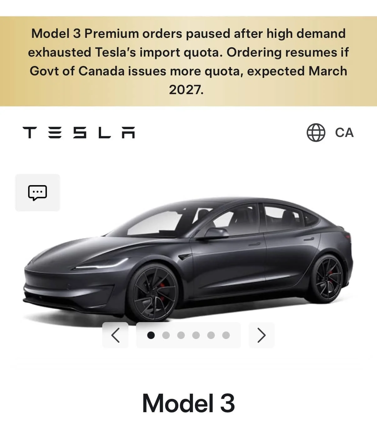 Tesla Pauses Model 3 Premium Orders in Canada, Citing Exhausted Import Quota